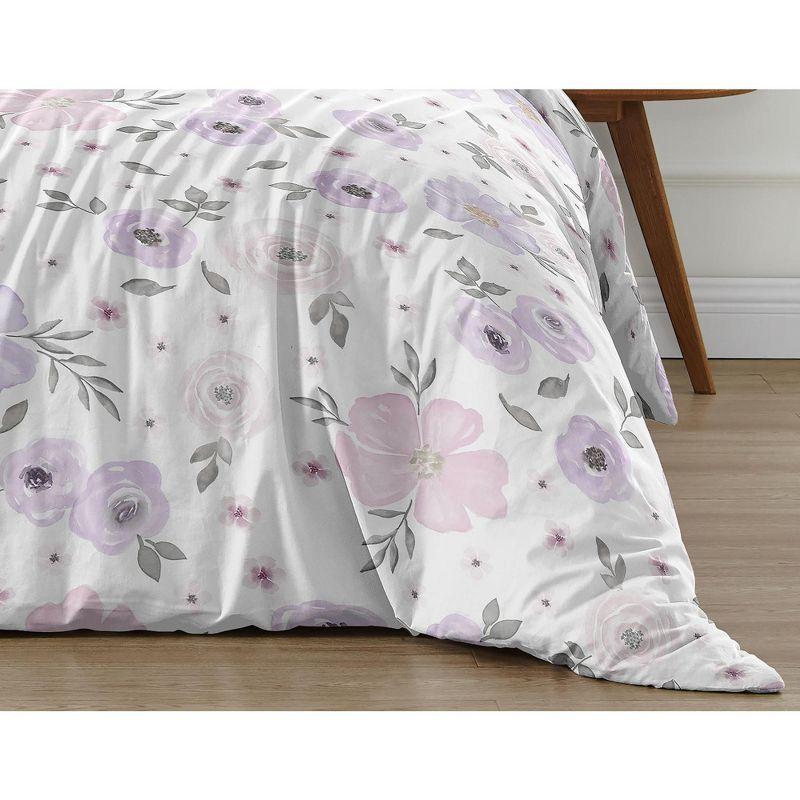 Sweet Jojo Designs Queen Duvet Cover and Shams Set Watercolor Floral Purple Pink Grey 3pc