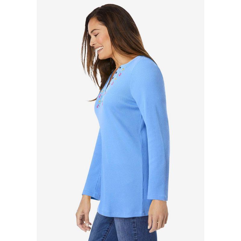 Woman Within Women's Plus Size Embroidered Thermal Henley Tee