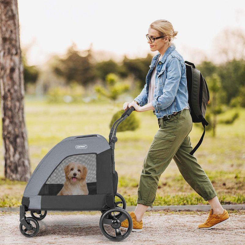 Costway Extra Large Dog Stroller with Dual Entry Safety Belt Adjustable Handle 4 Wheels Blue/Grey