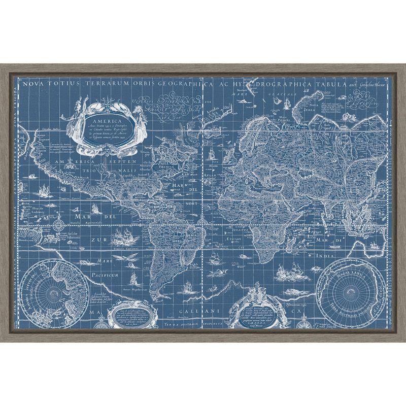 Framed Blue and White Canvas World Map Print