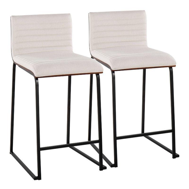 Set of 2 Mason-Mara Counter Height Barstools Black/Walnut/Cream - LumiSource: Tufted, Swivel, Metal Base, Wood Back