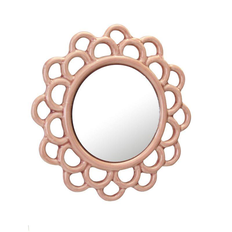 9" Decorative Round Floral Ceramic Wall Hanging Mirror Pink - Stonebriar Collection: Elegant Scalloped Edge, Keyhole Hanger