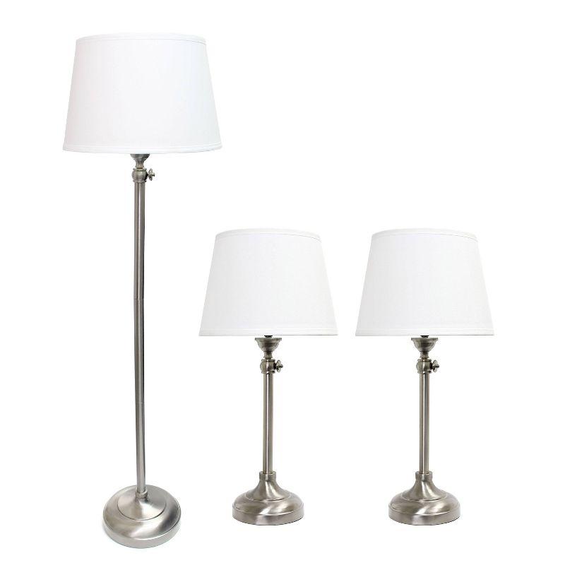 Brushed Nickel Elegance 3-Piece Adjustable Lamp Set with White Shades