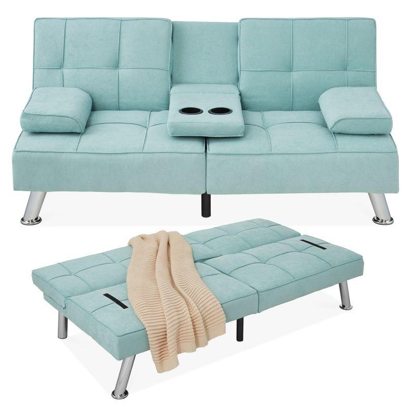 Aqua Tufted Linen Convertible Sleeper Sofa with Metal Legs and Cupholders