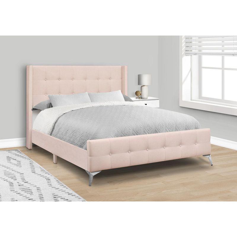 Monarch Specialties Bed Queen Size Bedroom Upholstered Pink Velvet Chrome Metal Legs