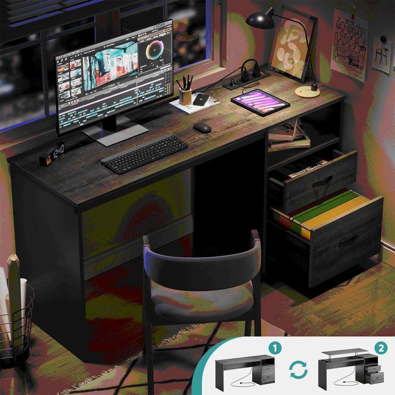 Bestier 60" L Shaped Desk with Power Outlets & Drawer, Lift Top Corner Computer Desk with Storage Shelves, Large Workstation for Home ,Gray