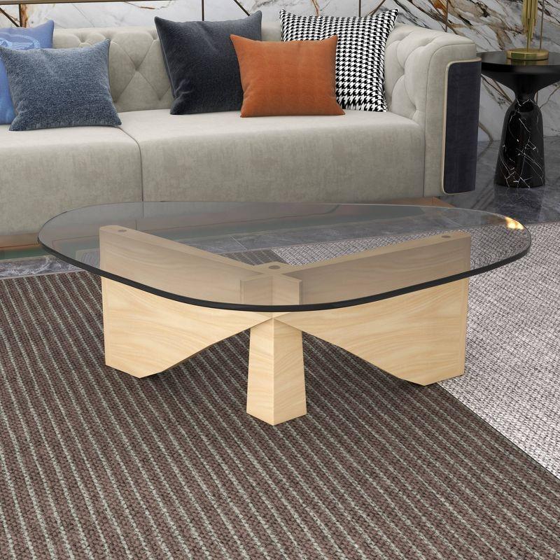 LeisureMod Imperial Collection Triangular Glass Top Coffee Table with Glossy Ash Wood Base for Home, Living Room, Office