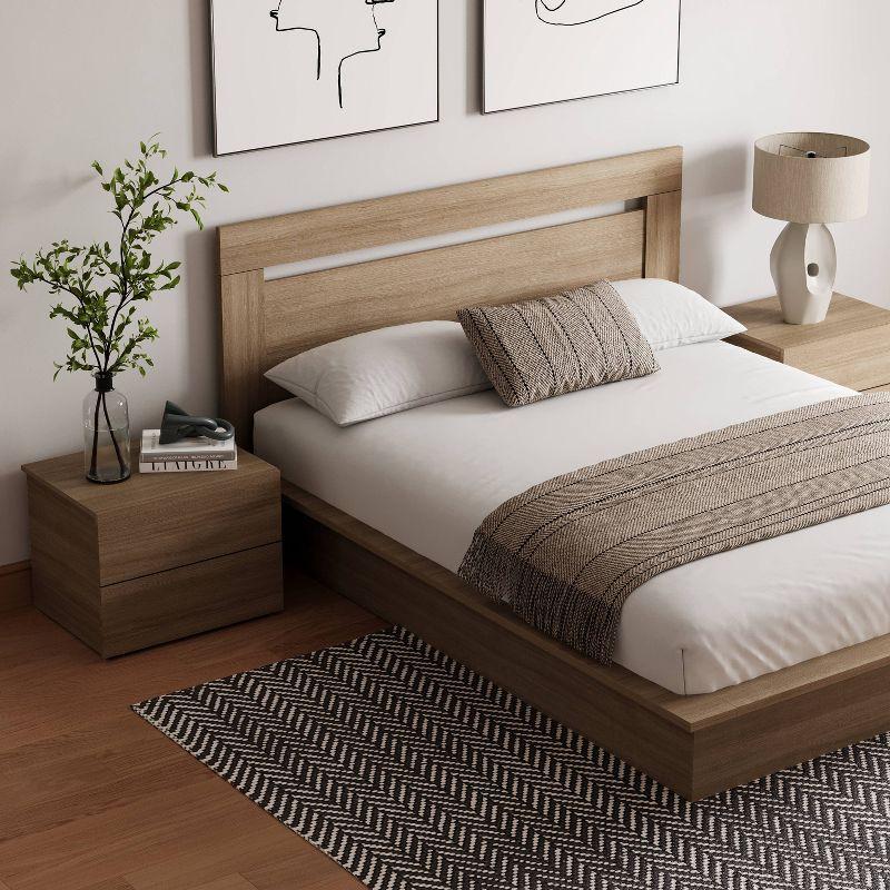 Nexera 4pc Queen Malibu Bedroom Set Brown Oak: Modern Minimalist Design, Platform Bed, 2 Nightstands