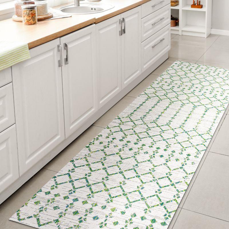 2' x 10' Ourika Moroccan Geometric Textured Weave Indoor/Outdoor Runner Rug, Green/Ivory - JONATHAN Y