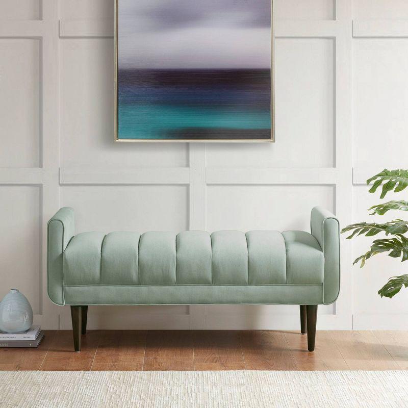 Pistachio Green Velvet Upholstered Channel Bench with Dark Wood Legs