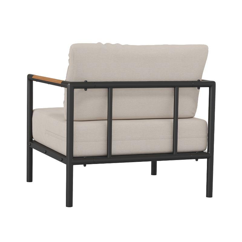 Modern Black Steel Patio Chair with Beige Cushion Accents