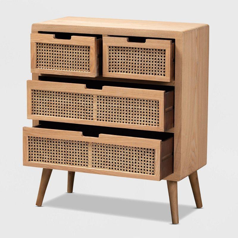 Alina Wood and Rattan 4 Drawer Accent Chest Oak - Baxton Studio: Small Profile, Bohemian Vibe, Ample Storage