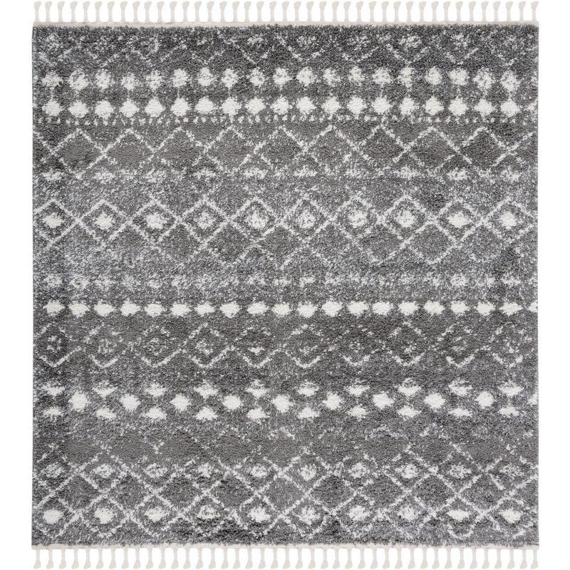 Gray Square Hand-Knotted Shag Area Rug with Fringe Detail