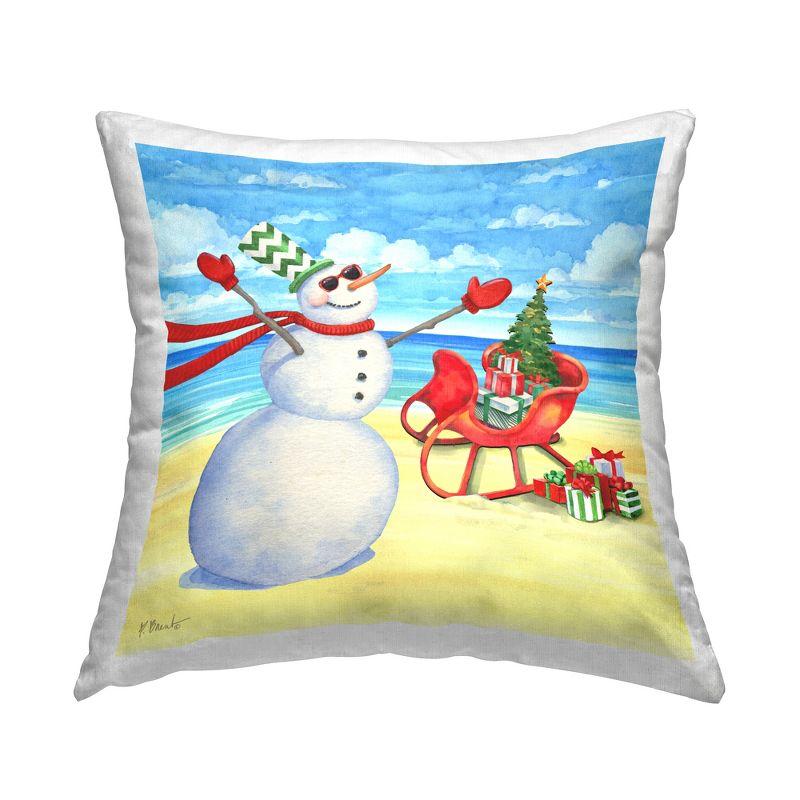 Coastal Christmas Snowman Square Decorative Throw Pillow