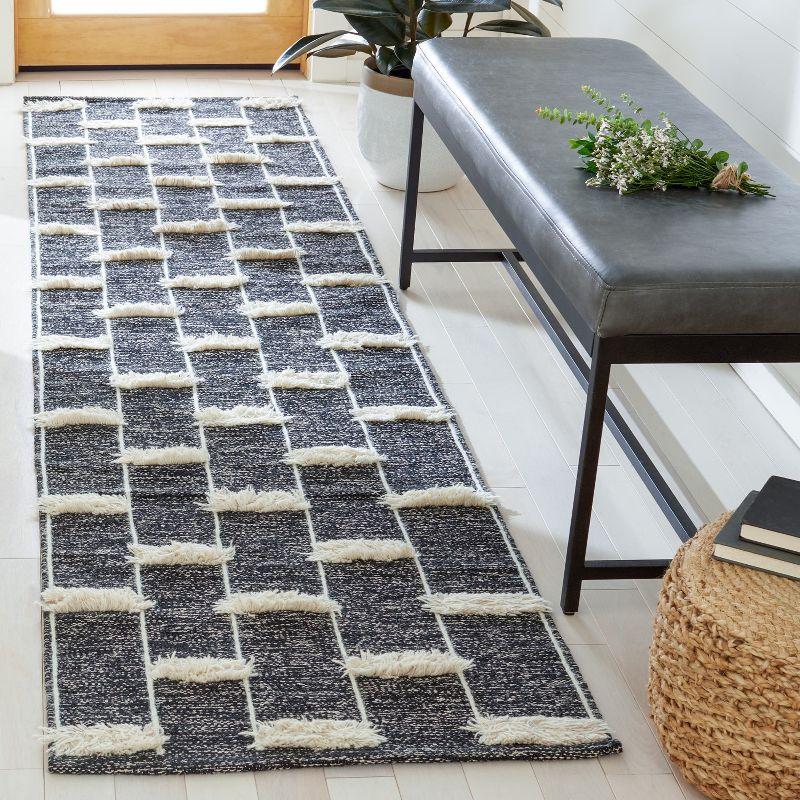 Black and White Striped Wool Cotton Kilim Runner Rug