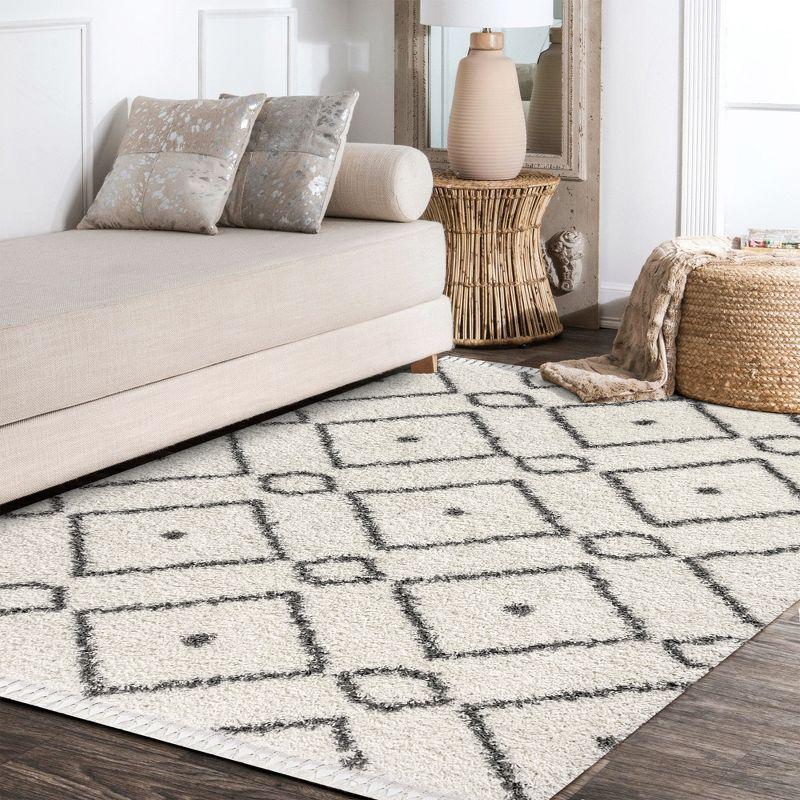 3'x5' Mercer Shag Plush Tassel Moroccan Diamond Area Rug, Cream/Grey - JONATHAN Y