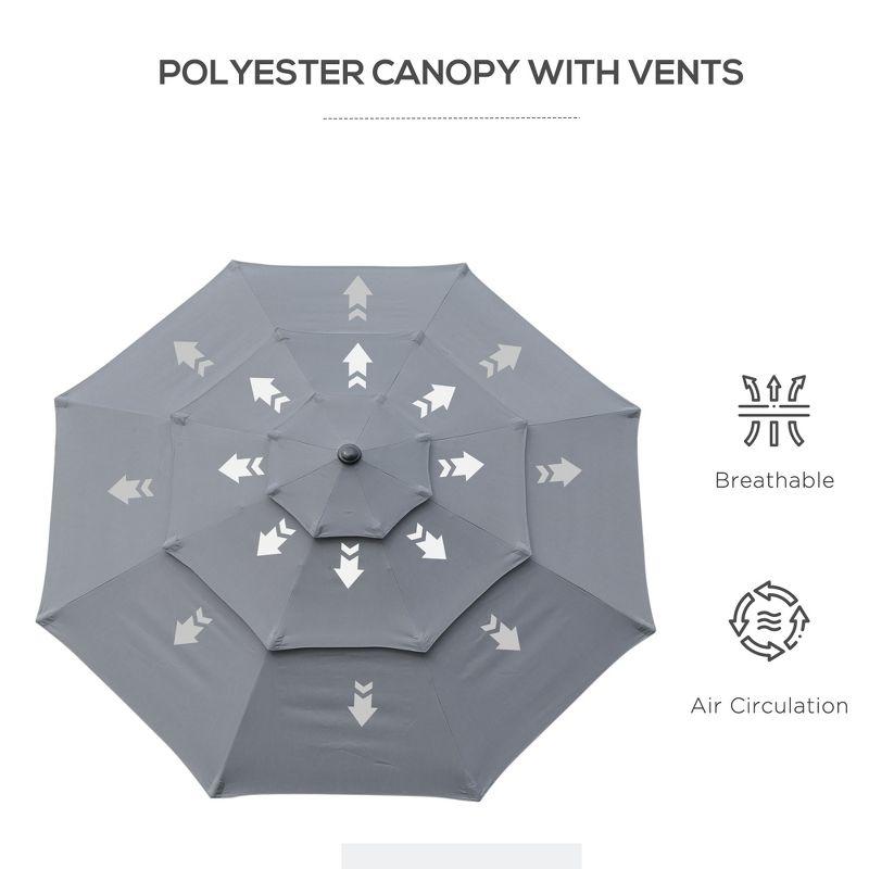 Outsunny 9' 3-Tier Patio Umbrella, Outdoor Market Umbrella with Crank and Push Button Tilt for Deck, Backyard and Lawn, Dark Gray