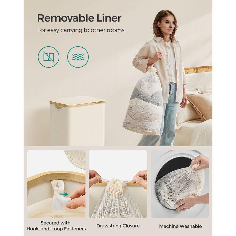 SONGMICS Laundry Hamper with Lid, Large Laundry Basket, 23.8 Gallons (90L), Removable Mesh Liner, Bamboo Handles, Collapsible Cream White