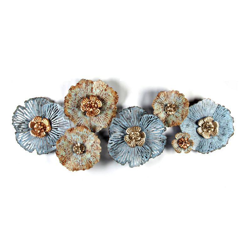 Distressed Blue and Gold Floral Iron Wall Sculpture