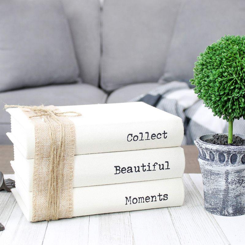 AuldHome Design Faux Book Stack: Collect Beautiful Moments Decorative Hidden Box Set w/ Burlap Ribbon Wrap