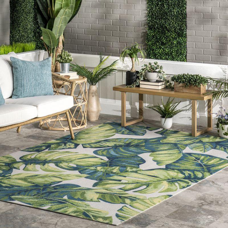 Tropical Leaf Design Blue Synthetic Square Indoor/Outdoor Rug