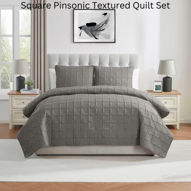 Square 3-Piece Solid Pinsonic Textured Quilt Set