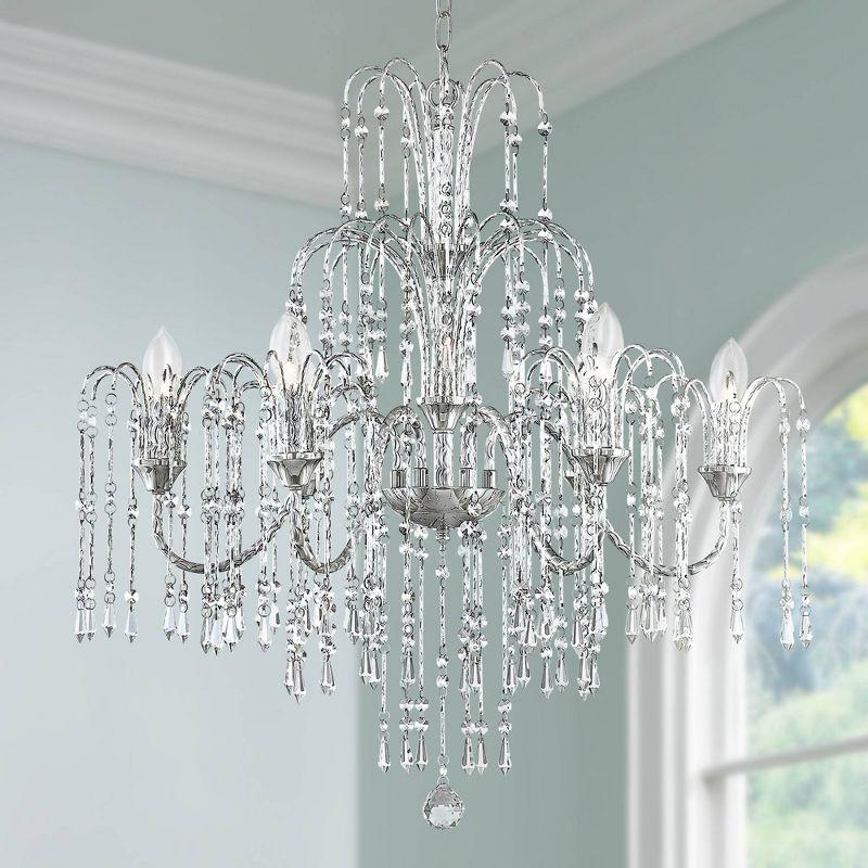 Vienna Full Spectrum Crystal Rain Chrome Chandelier 29" Wide Modern Curved Arm 6-Light Fixture for Dining Room House Kitchen Island Entryway Bedroom