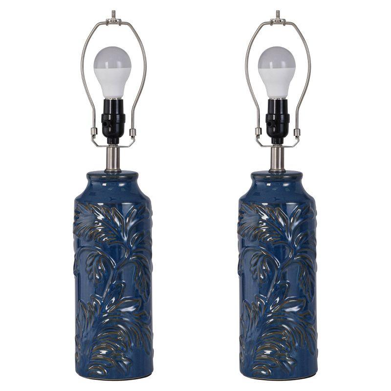 Set of 2 Cloverfield Ceramic Table Lamps Navy Blue - StyleCraft: Botanical Pattern, White Linen Shade