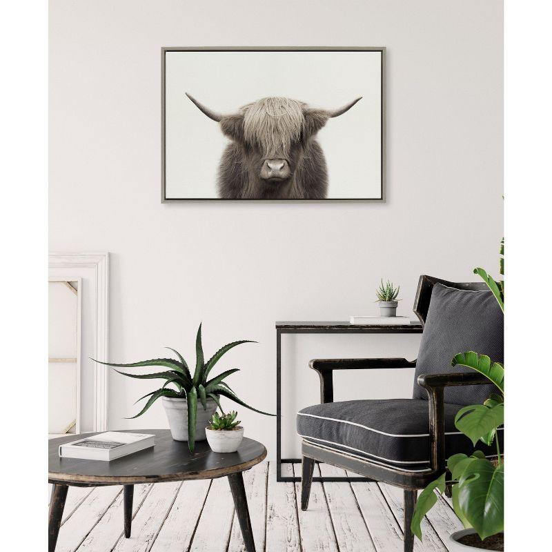 Kate and Laurel Sylvie Hey Dude Highland Cow Color Framed Canvas by The Creative Bunch Studio, 23x33, Gray
