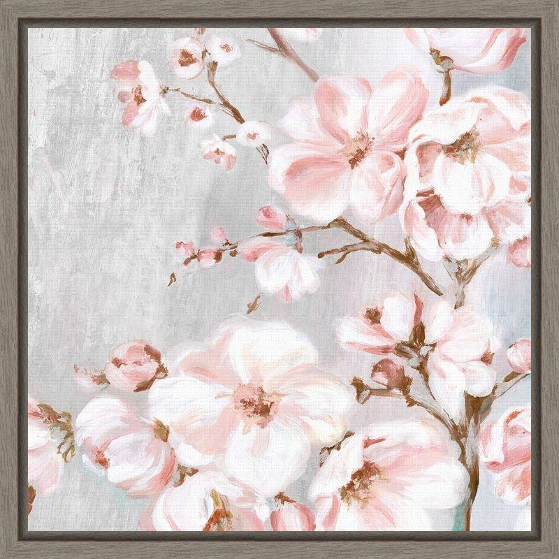 Spring Cherry Blossoms Pink and Gray Framed Canvas Wall Art