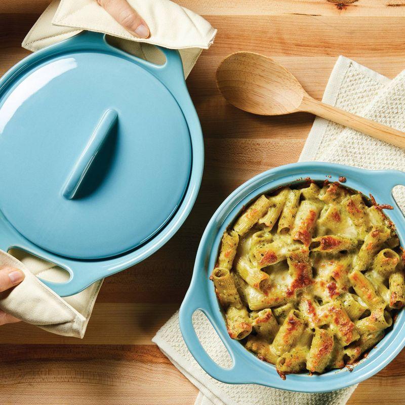 Rachael Ray Solid Glaze Ceramic 3pk Round Casserole Set with Shared Lid Agave Blue: Bakeware with Lid, Even-Heating