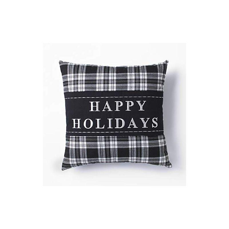 Happy Holidays Black and Gray Plaid 16" Throw Pillow