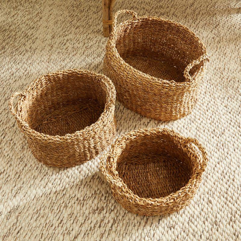 Plum & Post Seagrass Oval Baskets With Handles & Cuffs Set of 3