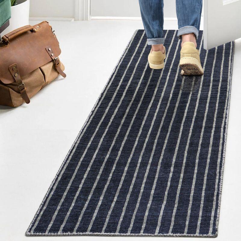 2' x 8' Rand Distressed Ticking Stripe Machine-Washable Runner Rug, Navy/Ivory - JONATHAN Y