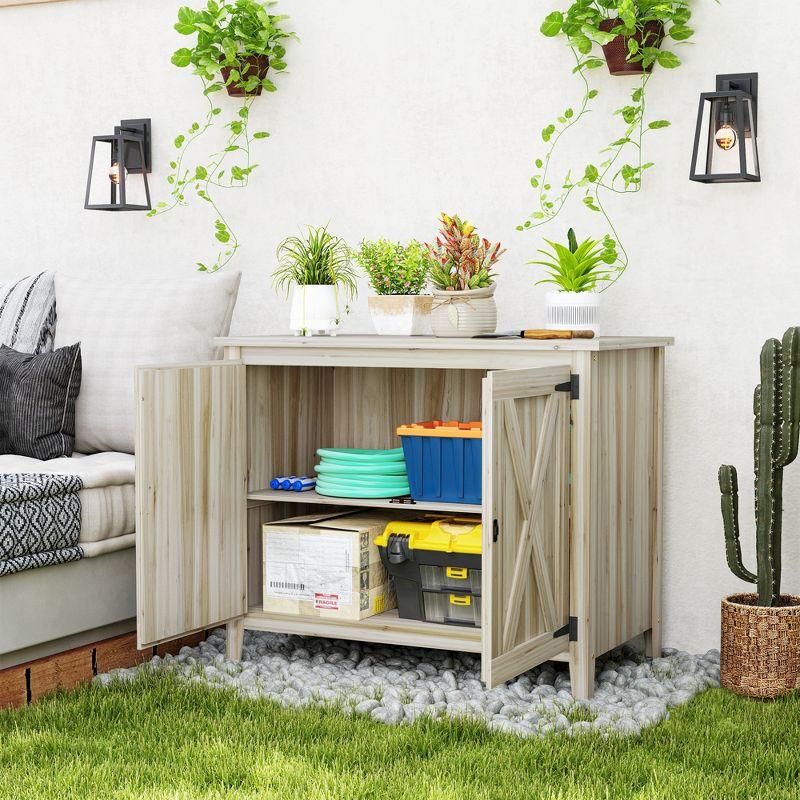 Outsunny Wood Outdoor Storage Cabinet, Compact Garden Shed Potting Shed with Shelf and Double Doors, Natural Wood
