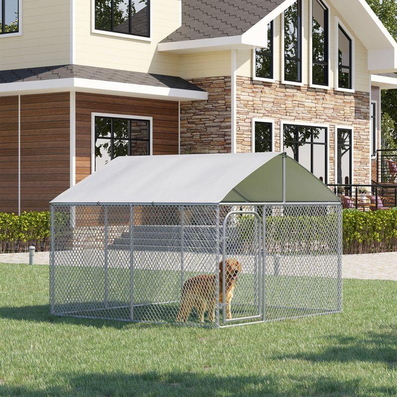 Silver Outdoor Metal Dog Kennel with Mesh Sidewalls and Cover