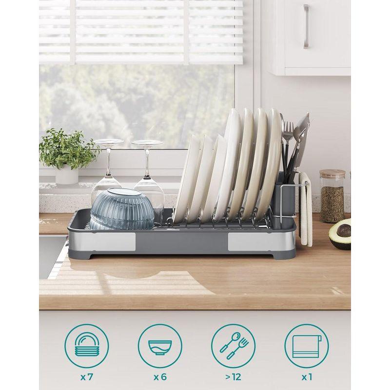 SONGMICS Dish Drying Rack, Dish Dryer for Kitchen Counter, Stainless Steel Dish Rack with Drain, Utensil Holder, Rustproof Gray