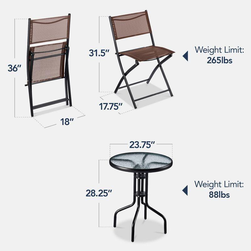 George Oliver 3-Piece Patio Bistro Dining Furniture Set W/ Glass Tabletop, Folding Chairs