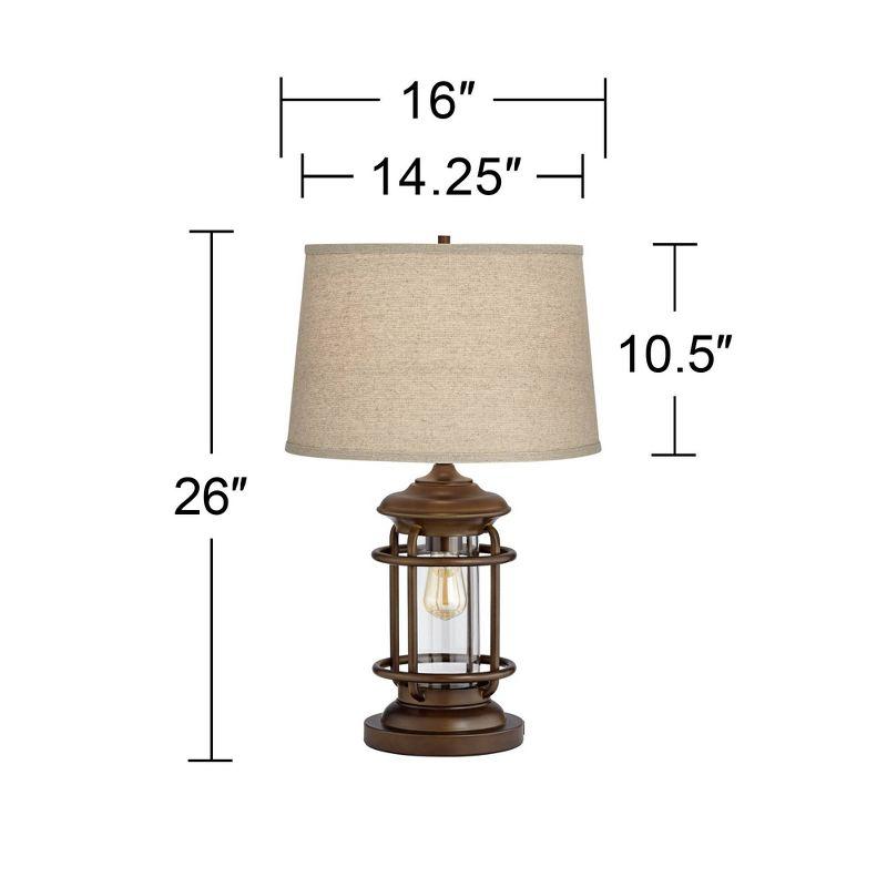 Franklin Iron Works Andreas Industrial Table Lamp 26" High Brown Metal with Nightlight LED and USB Charging Port Oatmeal Shade for Living Room Desk