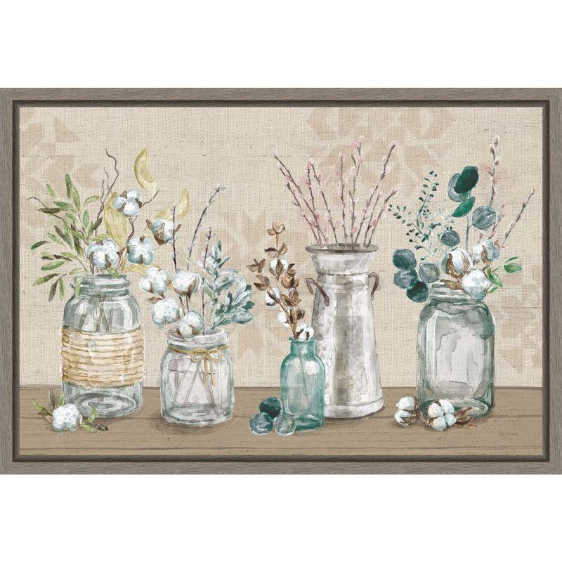 Neutral Cotton Bouquet in Vases Canvas Print with Gray Frame