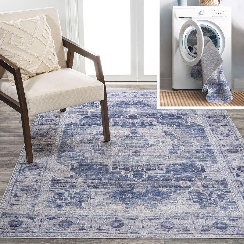 Navy/Cream Medallion Washable Synthetic Area Rug 5' x 8'