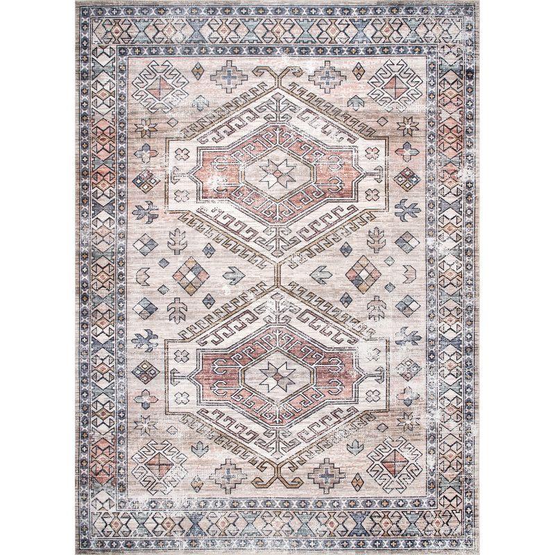 Peach Tribal Motif Easy-Care Rectangular Synthetic Rug, 2' x 3'