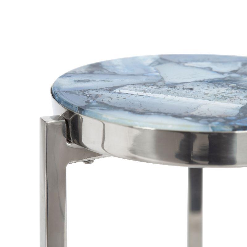 Aguilar Blue Agate Stone and Silver Metal Round Drink Table