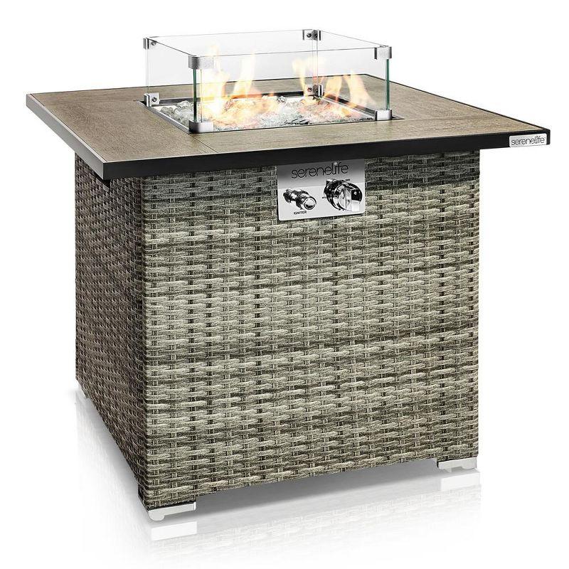 Outdoor Propane Fire Pit Table, Weatherproof Square Wicker Propane Gas Fire Table w/Tile Tabletop