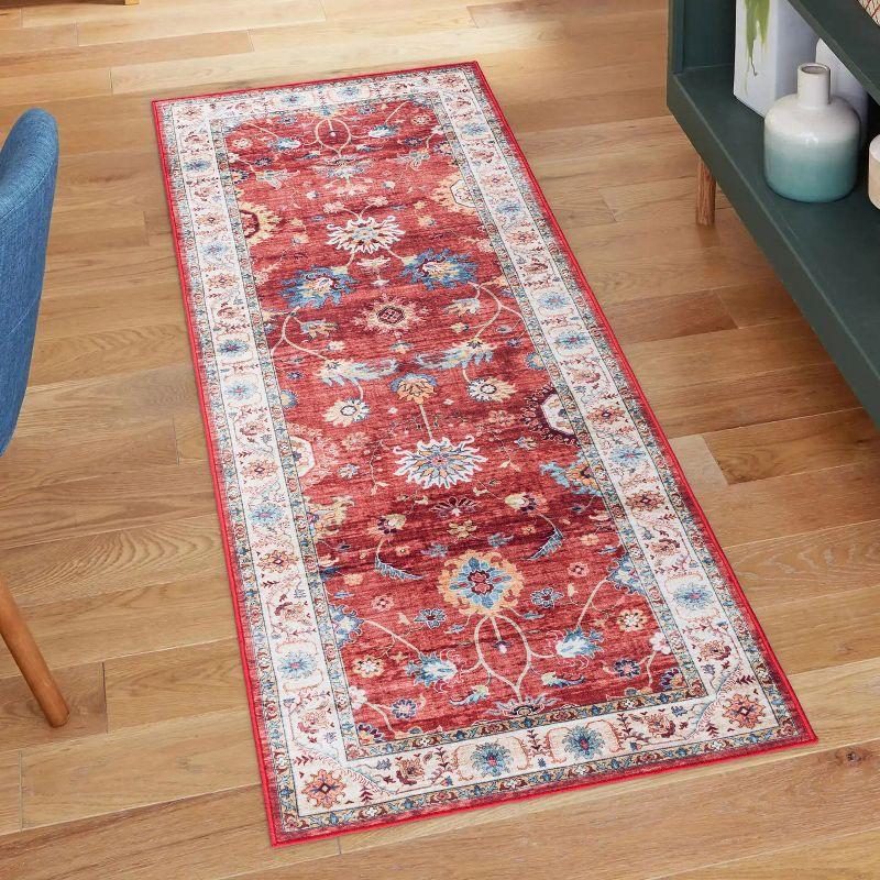 Red and Cream Floral Washable Synthetic Runner Rug