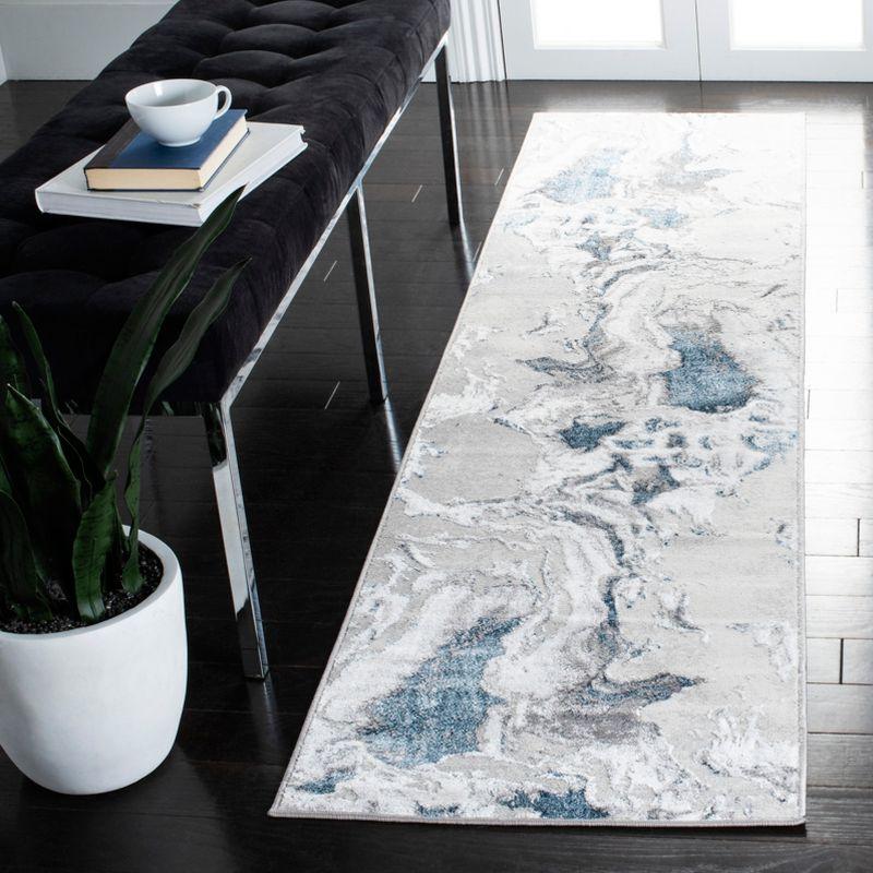 Grey and Blue Abstract Stain-Resistant Synthetic Runner Rug