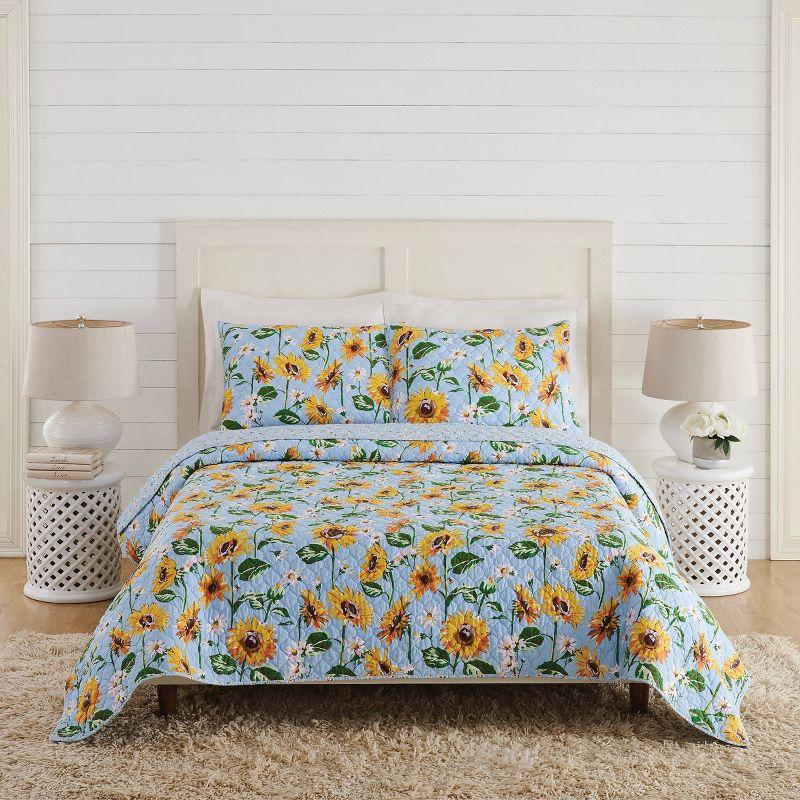 Sunflower Sky Twin Blue Cotton Reversible Quilt Set