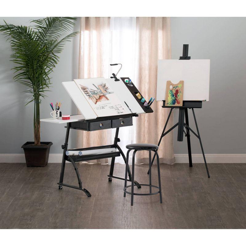 Core Drawing Table & Stool Set, Adjustable Art Desk with Storage, Charcoal Black/White - Studio Designs: Laminate Surface, Metal Frame