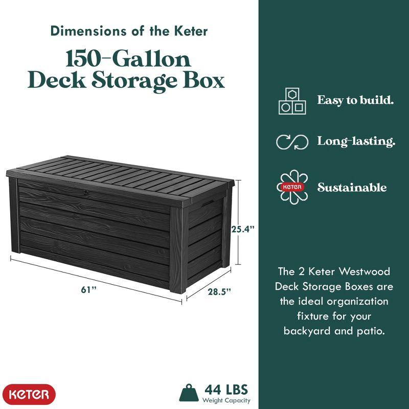 Keter Westwood Outdoor Resin 150 Gallon Deck Storage Box Organizer for Patio Furniture, Pool Toys and Yard Tools with Bench, Dark Gray (2 Pack)