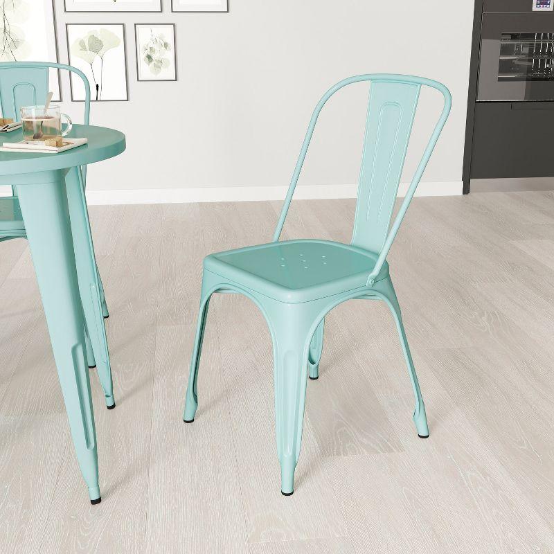 Mint Green Metal Armless Stacking Dining Chair with Slat Back